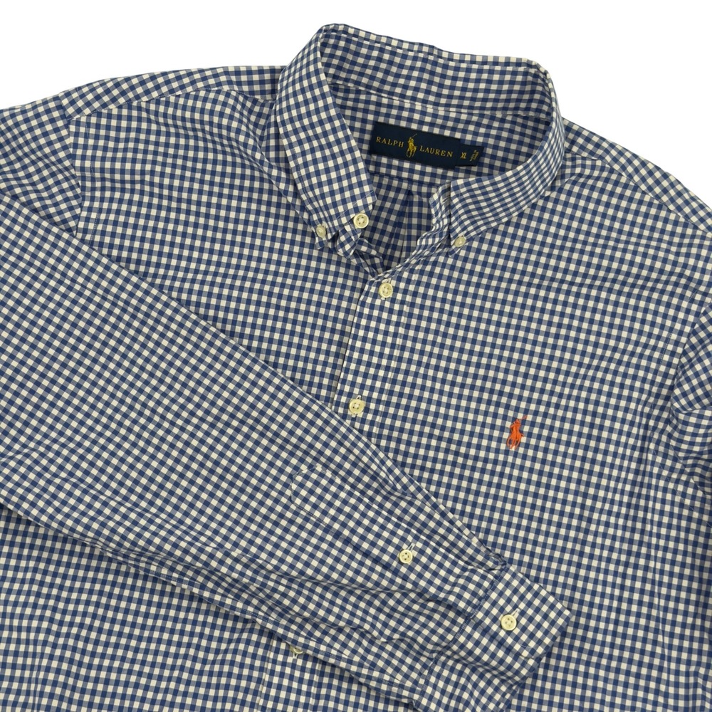 Ralph Lauren Mens XL Blue White Gingham Button Down Shirt Orange Pony Logo